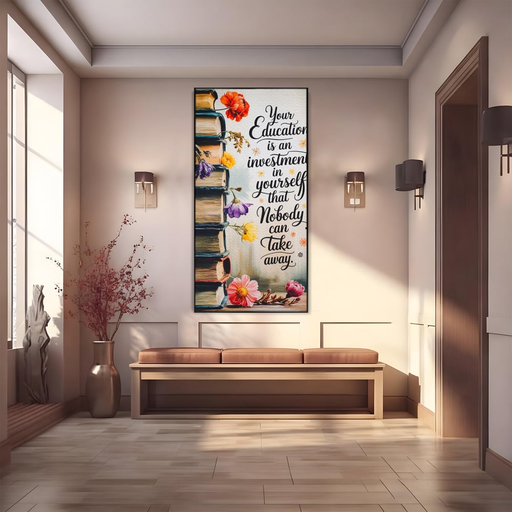 Tablou canvas cu tablou motivational cu teanc de carti si flori, in rama de aluminiu negru